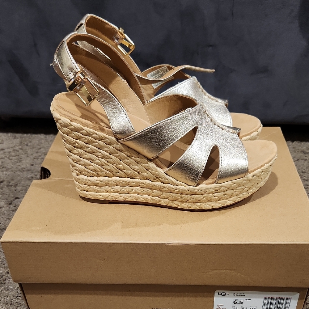 UGG Silver Espadrille Wedges with Metallic Straps